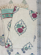 Slub Cotton Sofa Throw Floral Rose Pink & Green Print