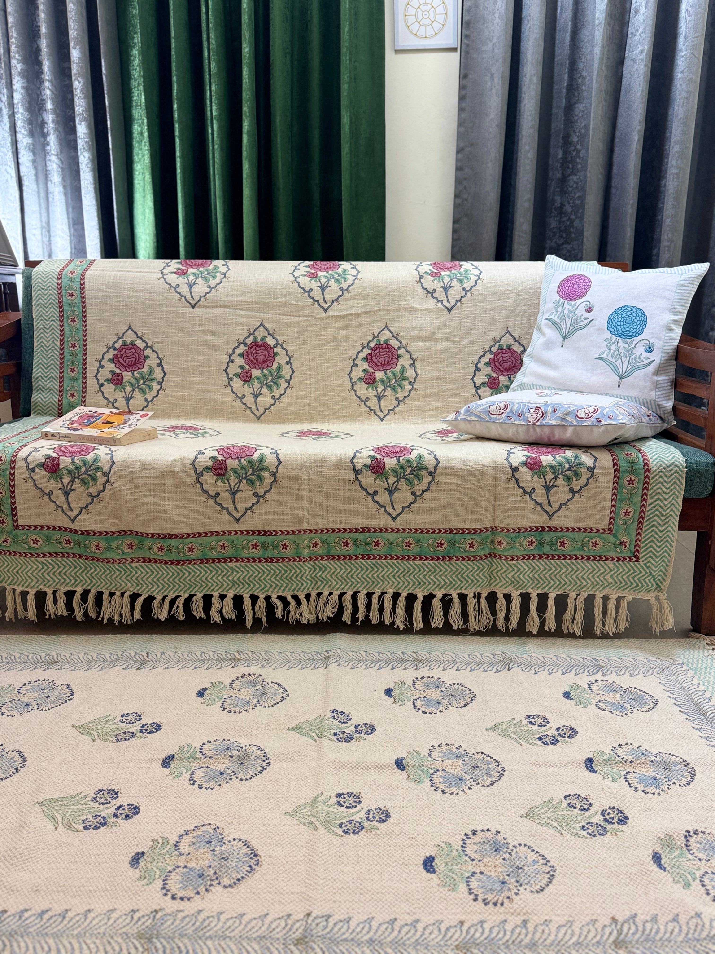 Slub Cotton Sofa Throw Floral Rose Pink & Green Print