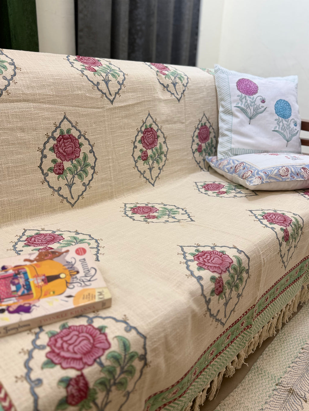 Slub Cotton Sofa Throw Floral Rose Pink & Green Print