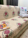 Slub Cotton Sofa Throw Floral Rose Pink & Green Print