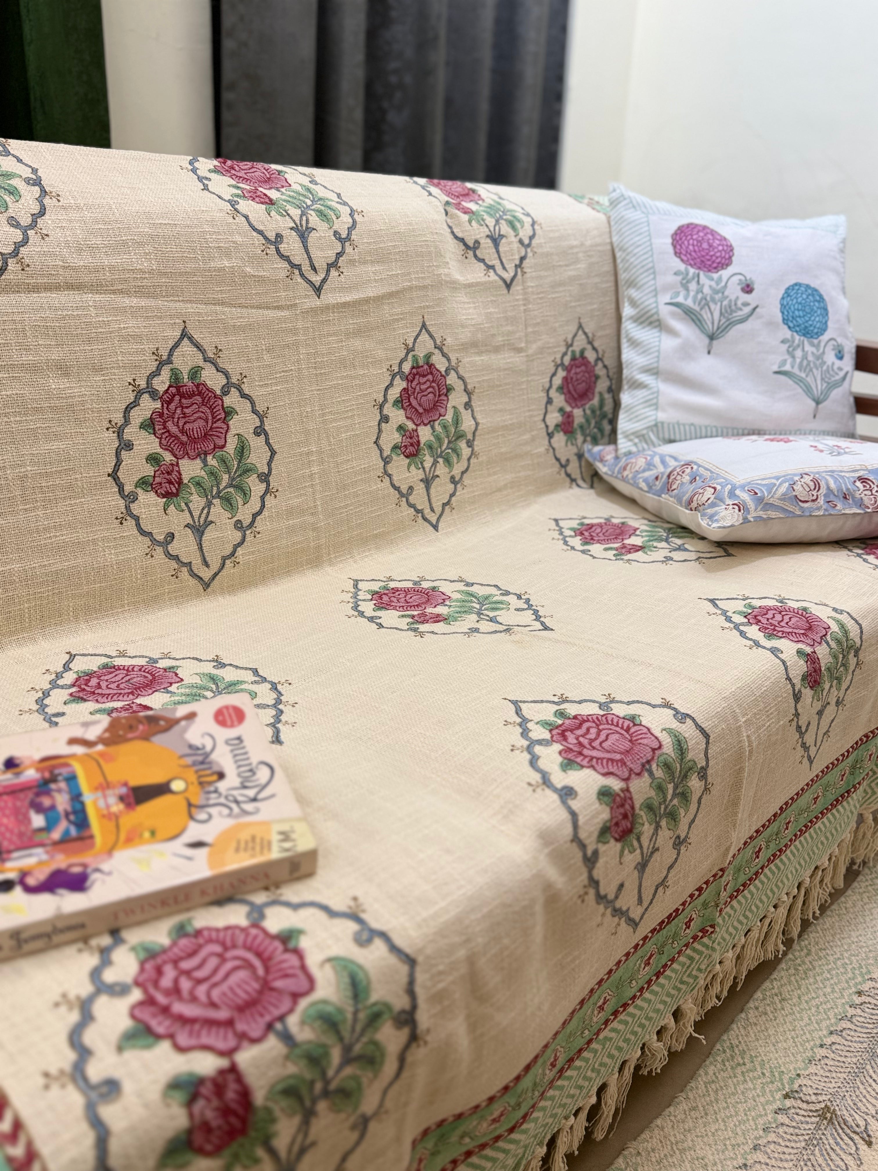Slub Cotton Sofa Throw Floral Rose Pink & Green Print