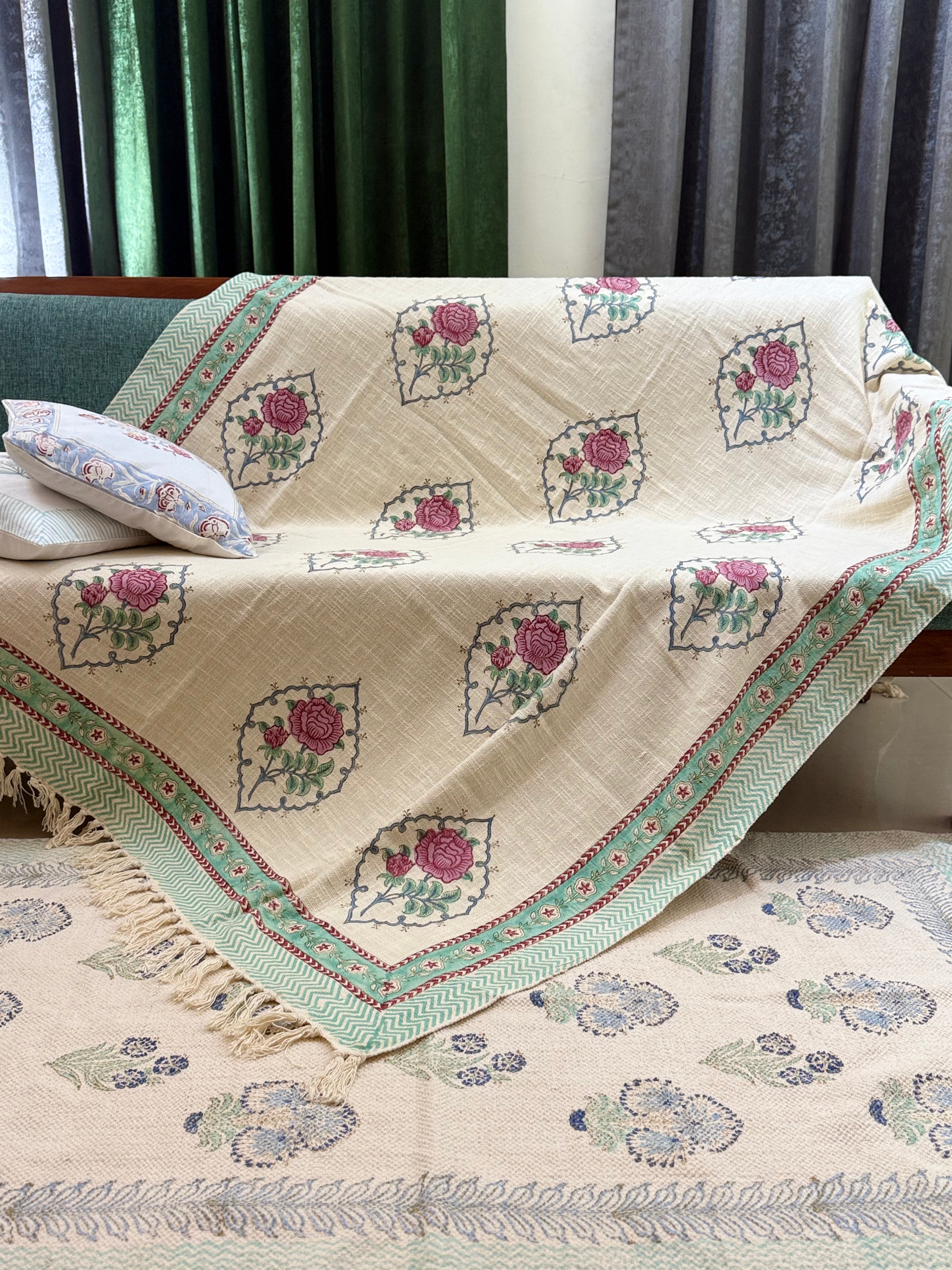 Slub Cotton Sofa Throw Floral Rose Pink & Green Print